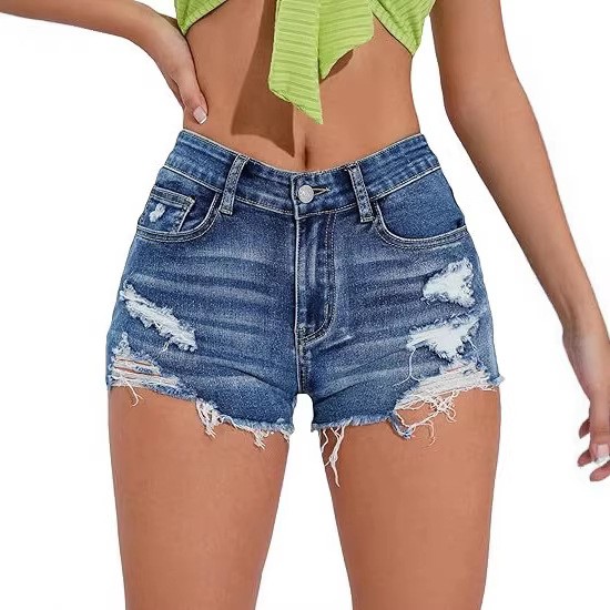 Shorts Denim Frayed - Women's High Waist Distressed Blue Denim